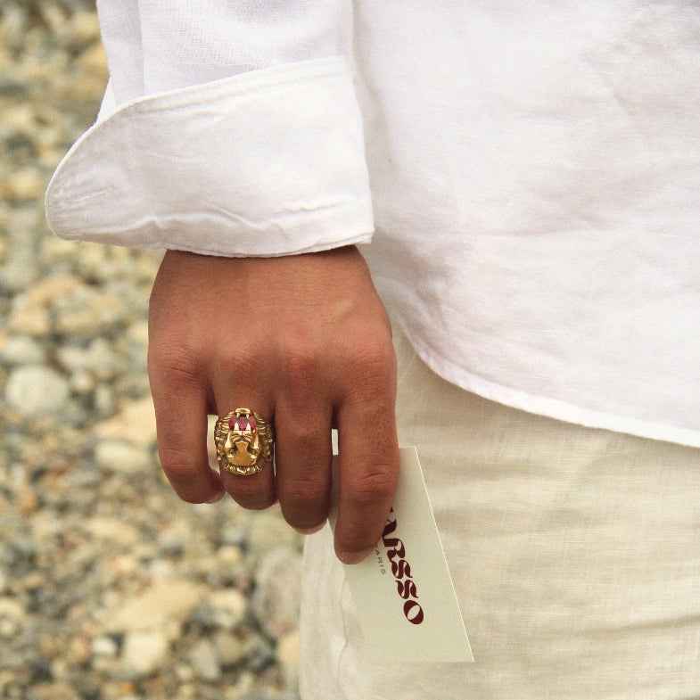 Bague tête de lion dorée à l'or 18k • Lionkiss