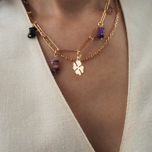 Collier améthyste, collier agate noir, collier quartz rose, collier trèfle pour une femme