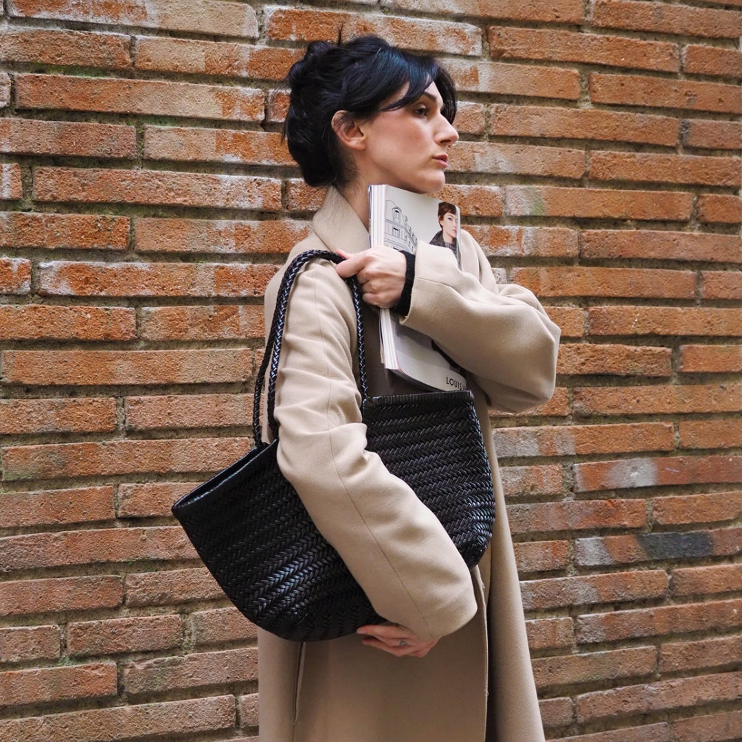 sac en cuir tressé noir cuir vache grand format