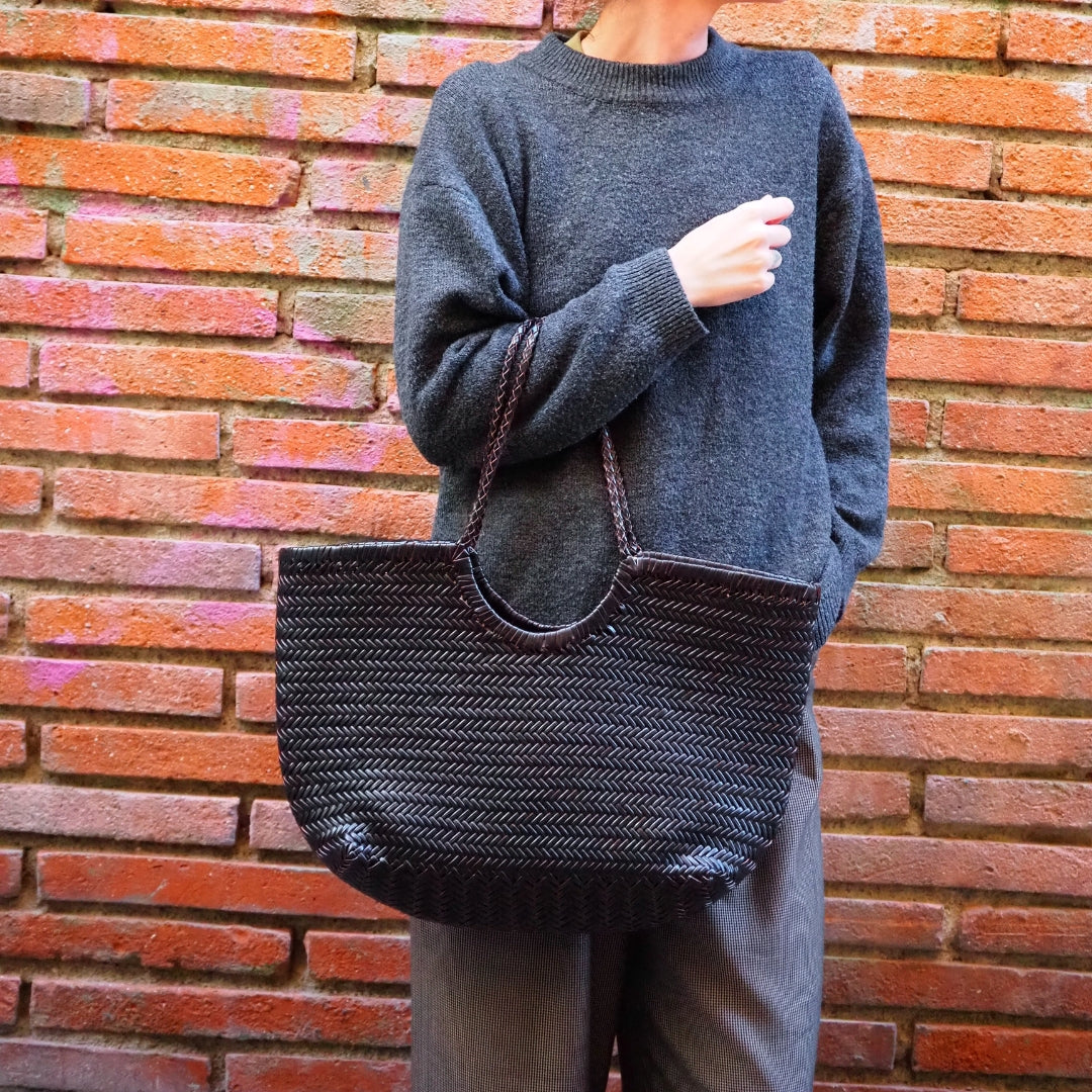 Panier cabas en cuir tressé noir et chocolat femme sac cuir tressé grand modele femme