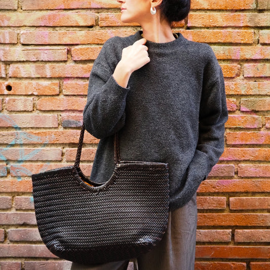 Cabas sac en cuir tressé noir et chocolat femme sac cuir tressé grand modele femme