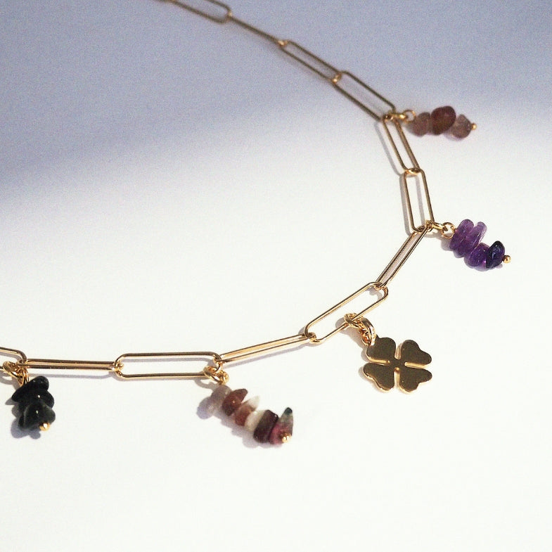 sautoir collier améthyste, collier agate noir, collier quartz rose, collier trèfle pour femme doré