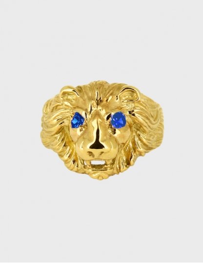 Chevalière tête de lion plaqué or yeux bleus