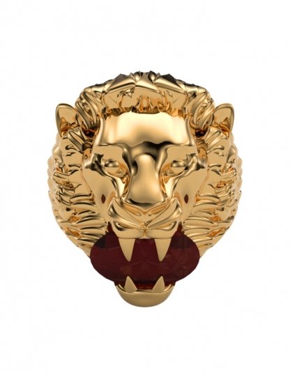 Bague tête de lion pierre rouge dans la bouche or 18 carats