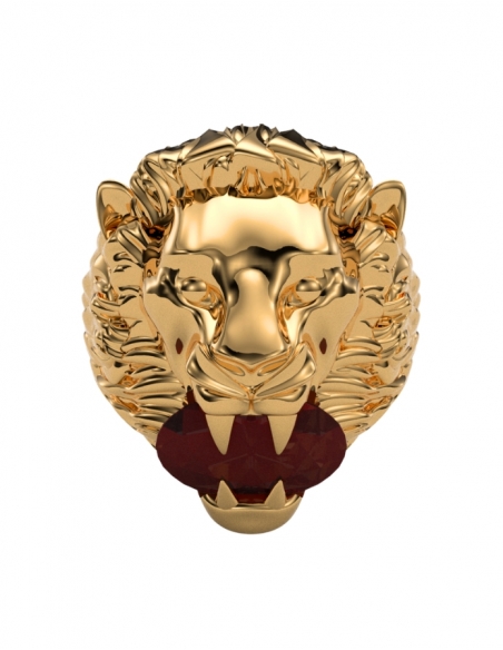 Bague tête de lion pierre rouge dans la bouche or 18 carats • Ovation Bijoux
