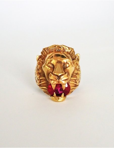 Bague tête de lion pierre rouge dans la bouche or 18 carats • Ovation Bijoux