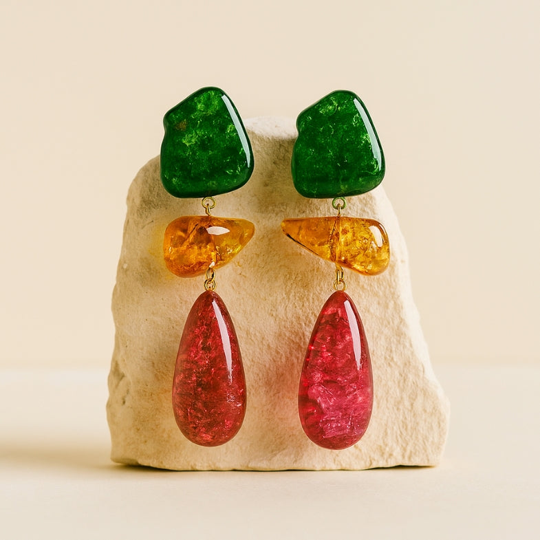 Boucles d'oreilles résine femme rose verte orange