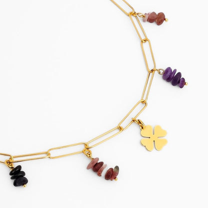 Collier améthyste, collier agate noir, collier quartz rose, collier trèfle pour femme doré