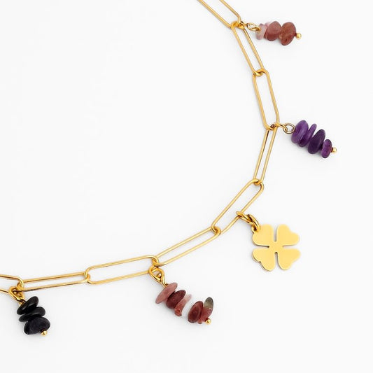 Collier améthyste, collier agate noir, collier quartz rose, collier trèfle pour femme doré