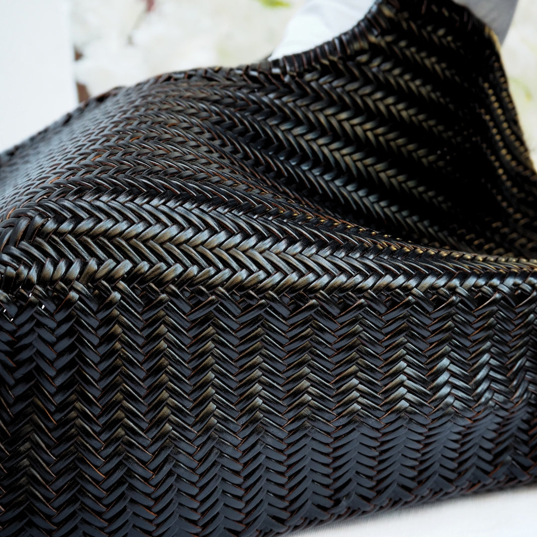 Panier en cuir tressé noir et chocolat femme sac cuir tressé grand modele femme 