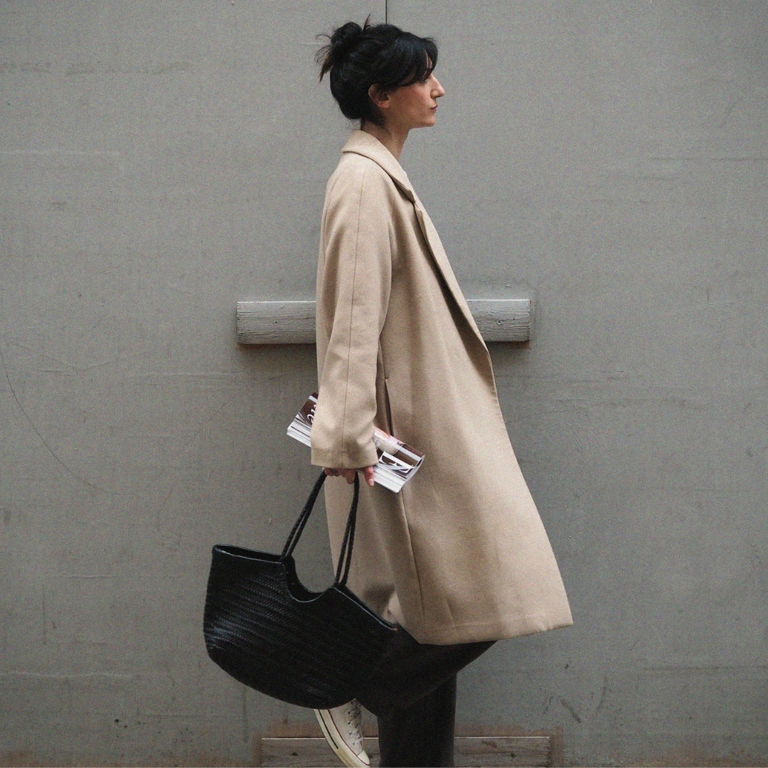 Cabas en cuir tressé noir cuir vache grand format femme