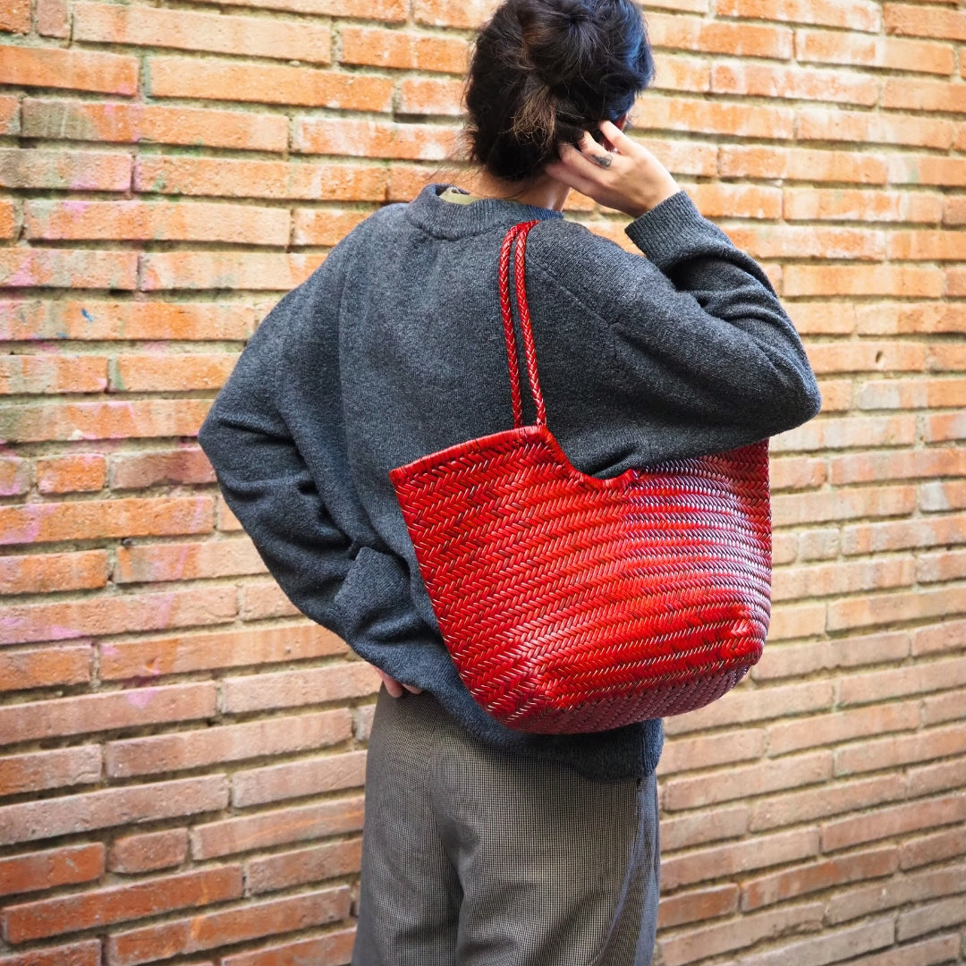Sac cuir tressé rouge femme grand