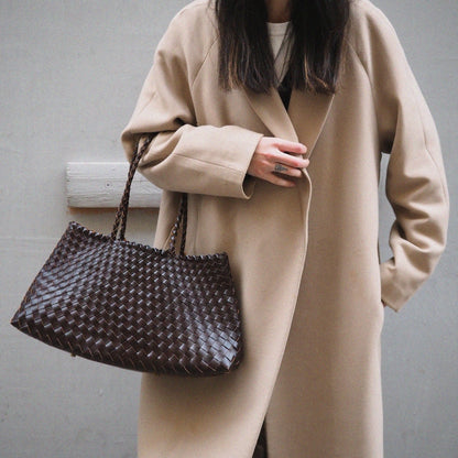 Panier en cuir tressé trapèze marron foncé