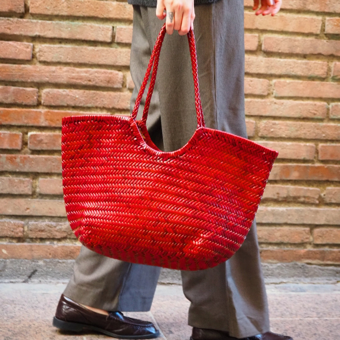 Sac cabas panier cuir tressé rouge