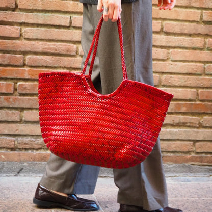 Sac cabas panier cuir tressé rouge