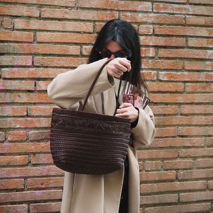 Panier sac en cuir tressé marron