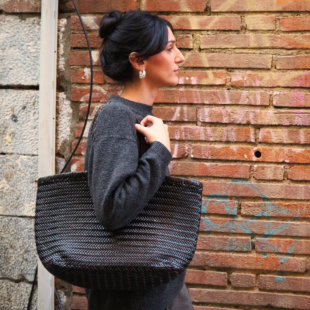 Cabas en cuir tressé noir et chocolat femme sac cuir tressé grand modele femme 