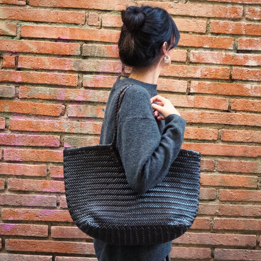 Sac cabas en cuir tressé noir et chocolat femme sac cuir tressé grand modele femme 