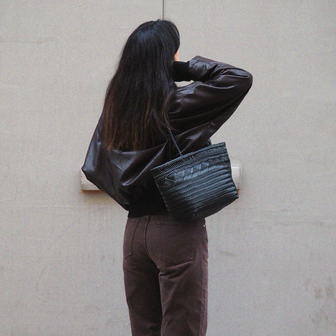Cabas cuir tressé noir femme