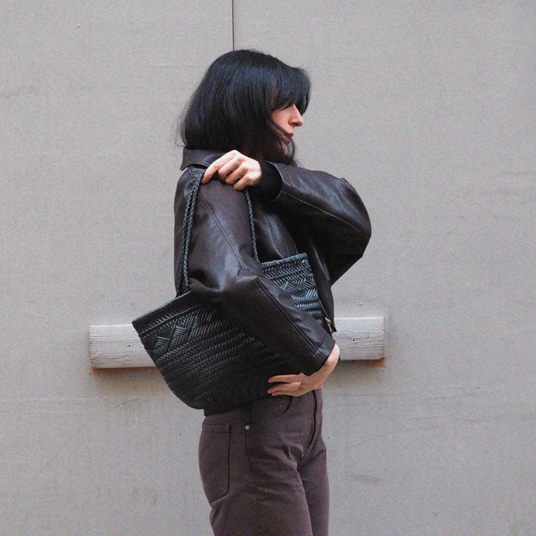 Cabas sac cuir tressé noir femme