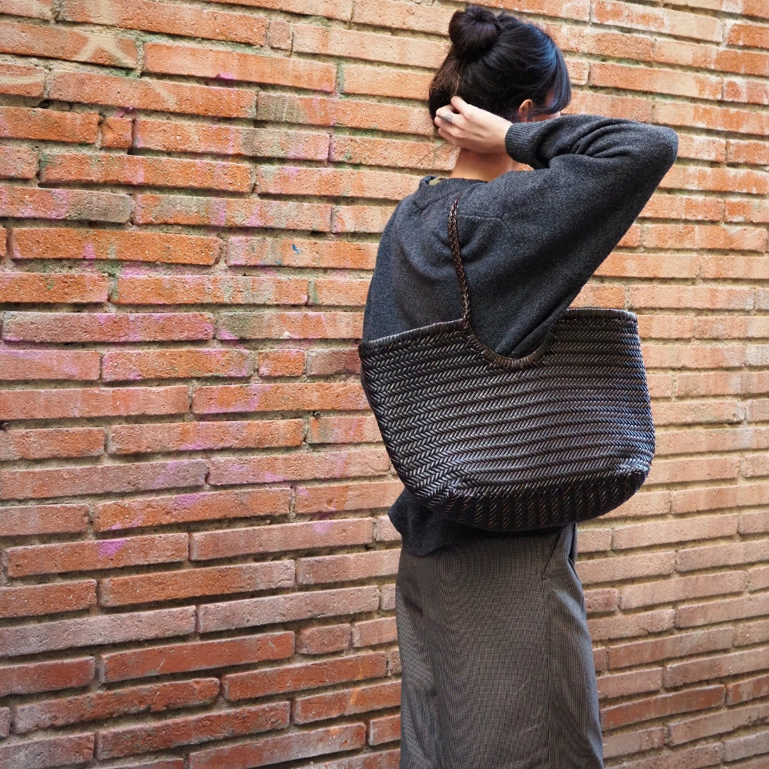 Cabas en cuir tressé noir et chocolat femme sac cuir tressé grand modele pour femme 