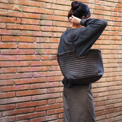 Cabas en cuir tressé noir et chocolat femme sac cuir tressé grand modele pour femme 