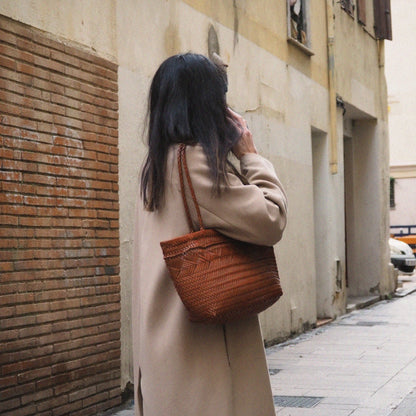 Sac en cuir tressé caramel, panier en cuir tressé caramel femme