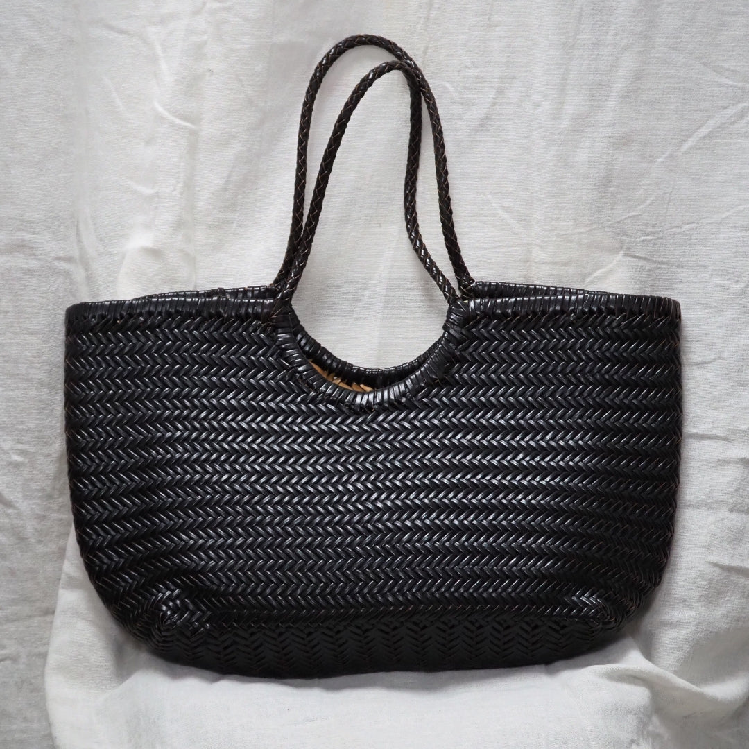 Cabas cuir tressé noir grand modèle femme vintage