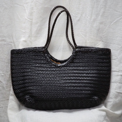 Cabas cuir tressé noir grand modèle femme vintage