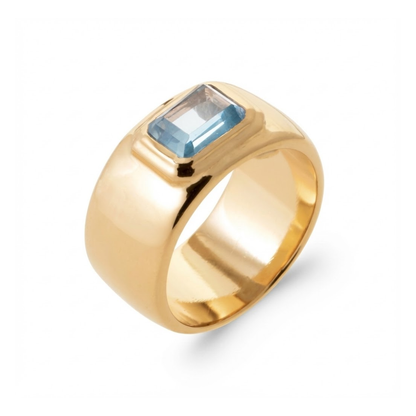 Bague chevalière bombée Del Mar en plaqué or avec pierre bleue rectangulaire