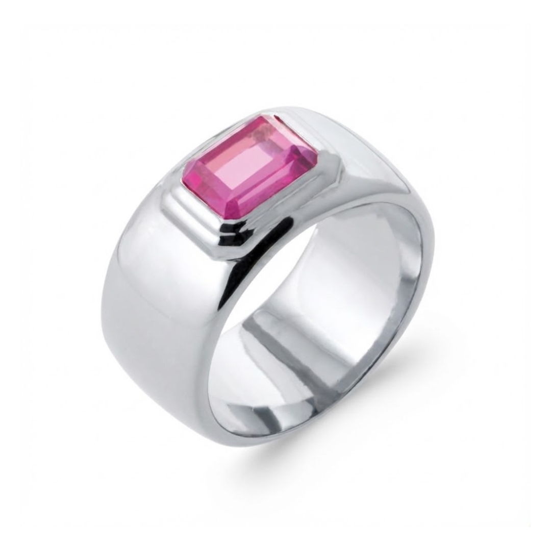 Chevalière argent massif Candy avec pierre rose fuchsia taille émeraude