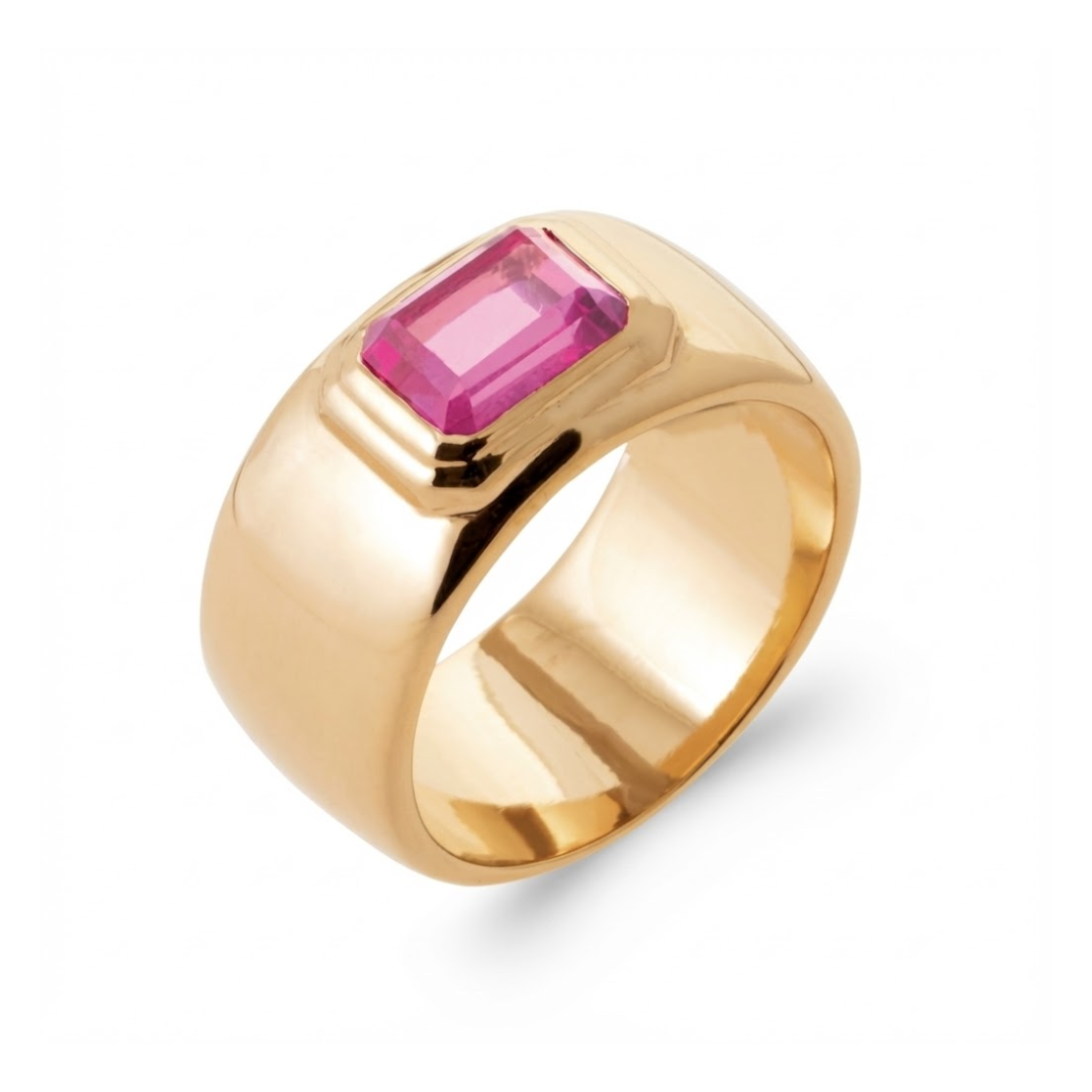 Bague chevalière bombée Candy en plaqué or avec pierre rose rectangulaire