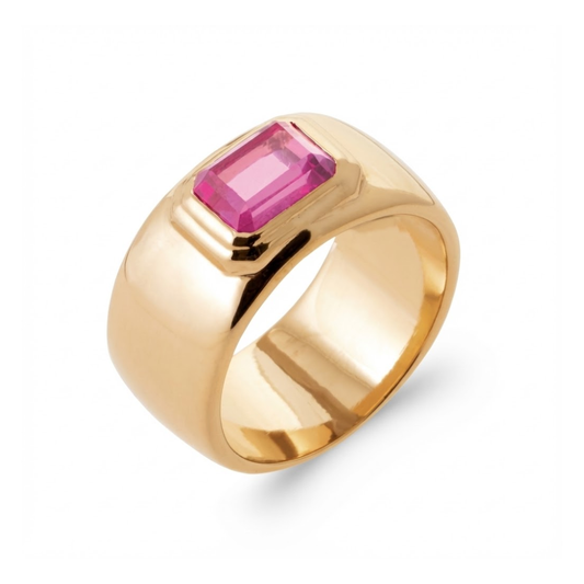 Bague chevalière bombée Candy en plaqué or avec pierre rose rectangulaire