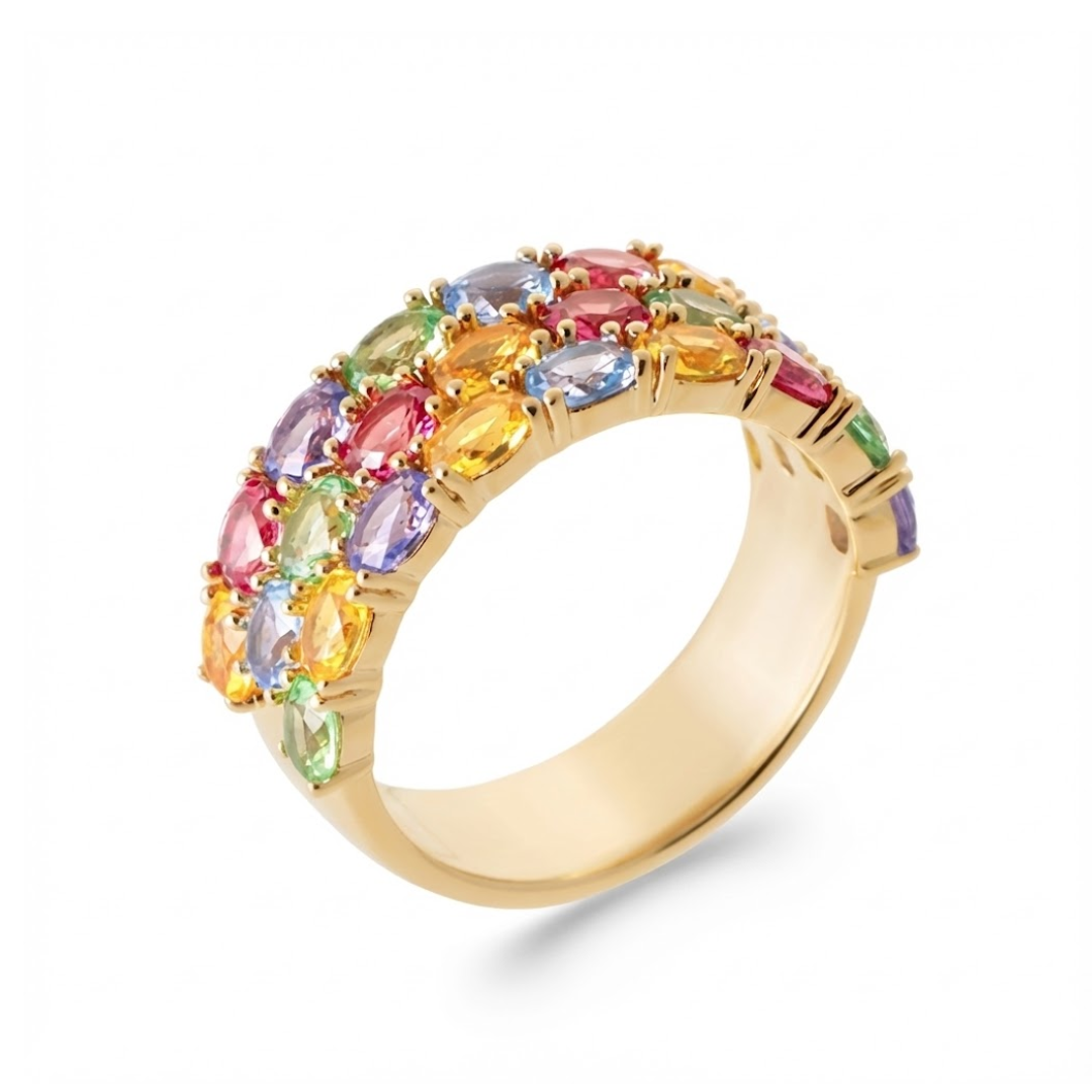 Bague large Rainbow en plaqué or 18k sertie de pierres multicolores zircon