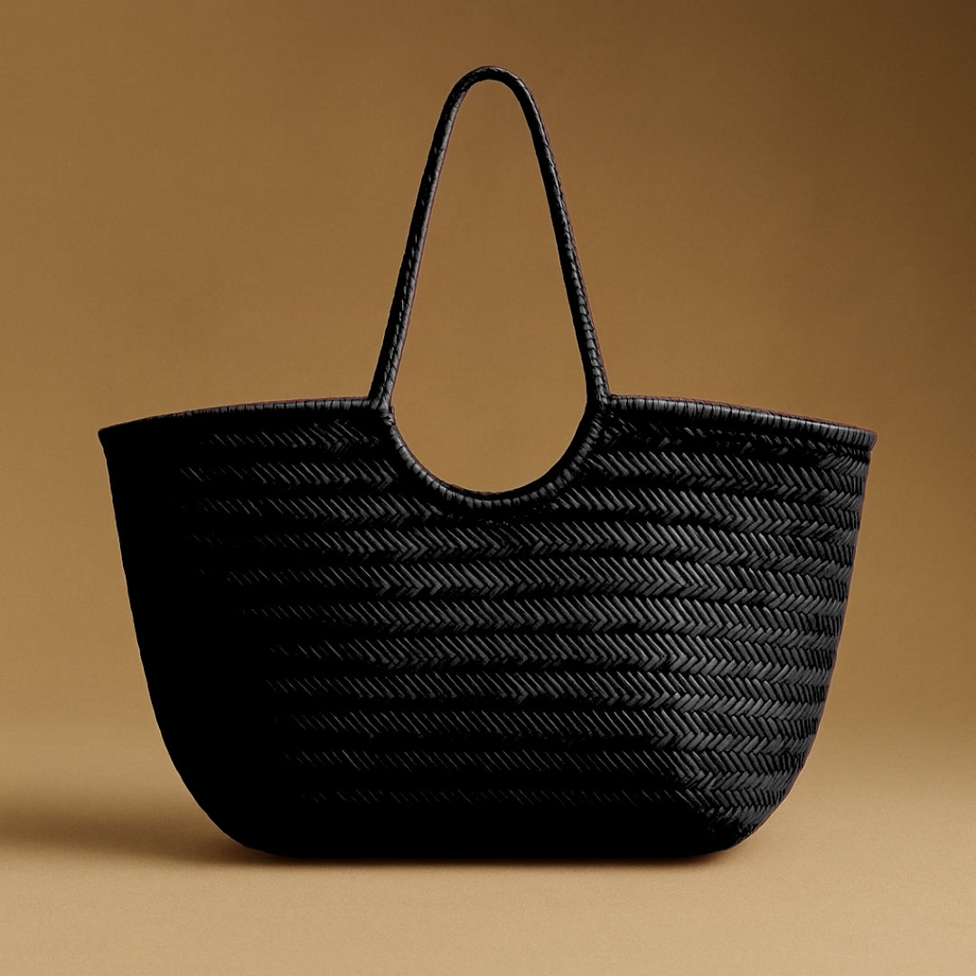 Sac en cuir tressé Aurore en cuir noir tressé – cabas artisanal chic Ovation Bijoux