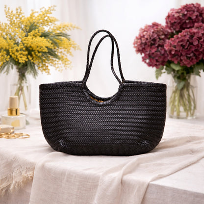 sac cabas en cuir noir tressé